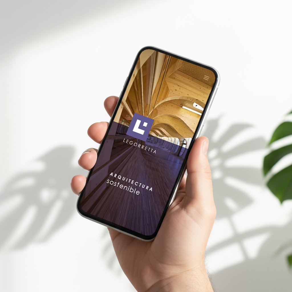 Schermata del sito mobile di uno studio di architettura sostenibile, con logo