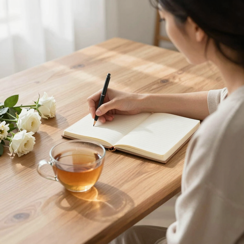A person writing in a journal on a wooden desk with tea and white roses.