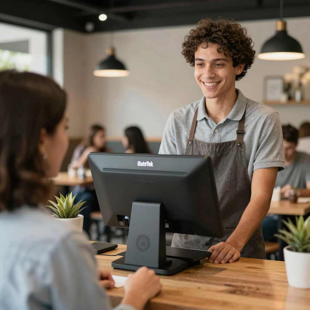 A person wearing a cap, face mask, and dark clothes interacts with a point-of-sale system at a counter. The image includes reflections, giving a sense of separation by glass. Sticky notes and written messages are visible near the screen and on the counter. The background seems to show a somewhat cluttered interior with chairs and tables.