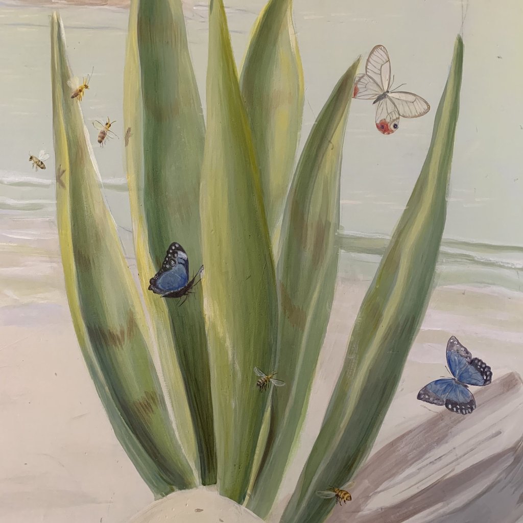 Hand-painted mural detail—butterflies and bees among green leaves, part of Australian nursery mural