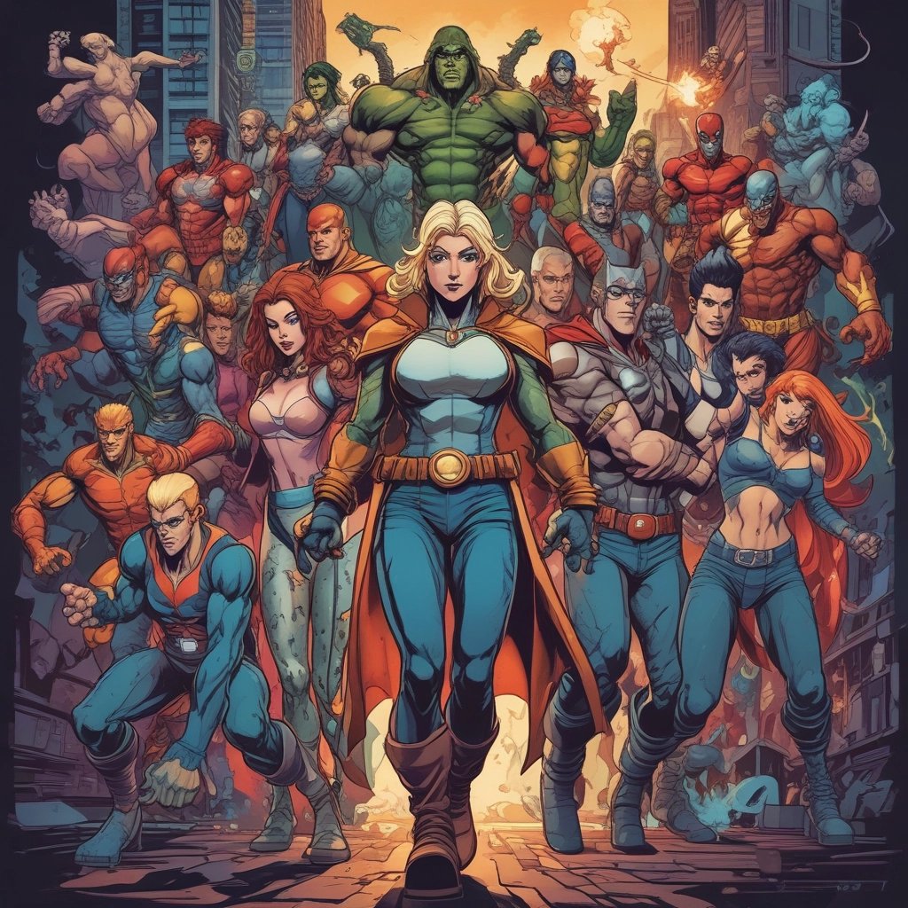 a group of superheros standing in front of a cityscapeople