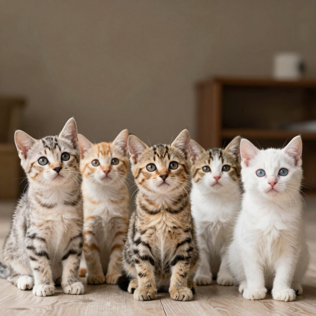 A group of five adorable tabby, ginger, and white kittens sitting on a wooden floor.