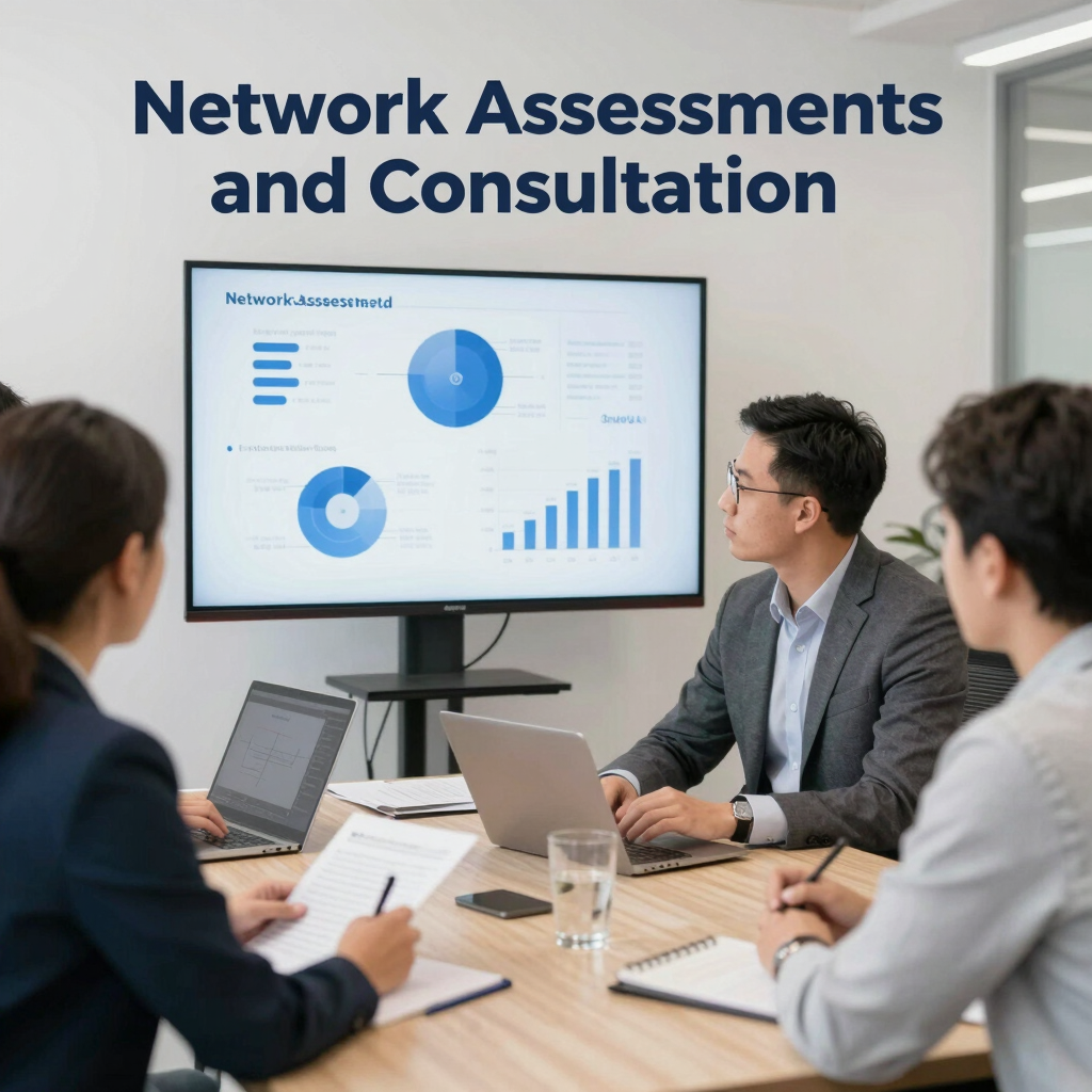 A dimly lit server rack filled with network equipment. Multiple colored cables, predominantly red, blue, and black, are neatly organized and connected to various devices such as switches and routers. Small LED lights on the equipment indicate active connections.