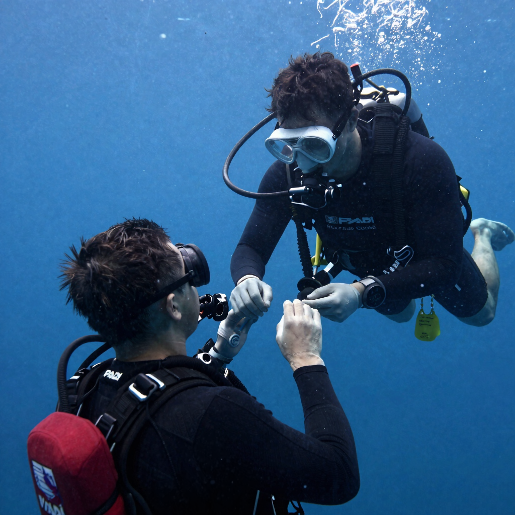 A diver with a snorkel mask swims underwater, releasing swirling air bubbles. The diver wears a dark wetsuit and pink shorts, surrounded by clear blue water with a sandy seabed visible beneath.