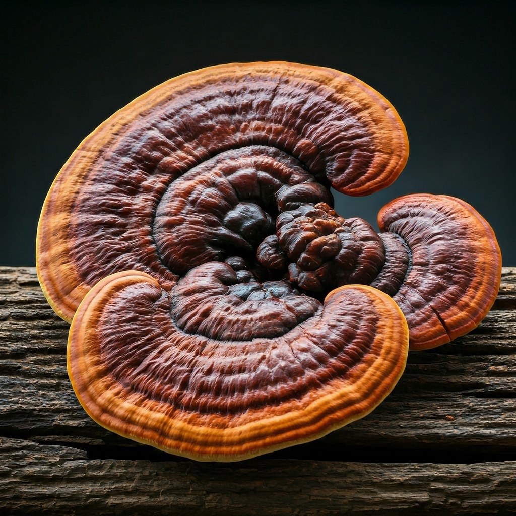 a reishi mushroom growing on a tree branch, Lingzhi or Ganoderma lucidum