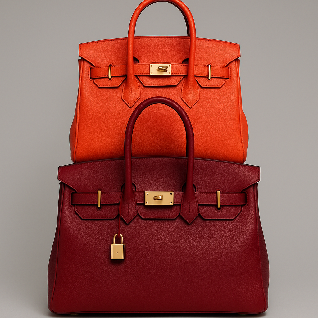 Luxury designer-style leather handbags in vibrant colors for fashion editorial use.