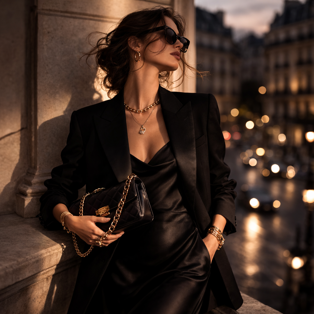 Luxury fashion woman in black evening outfit city lights