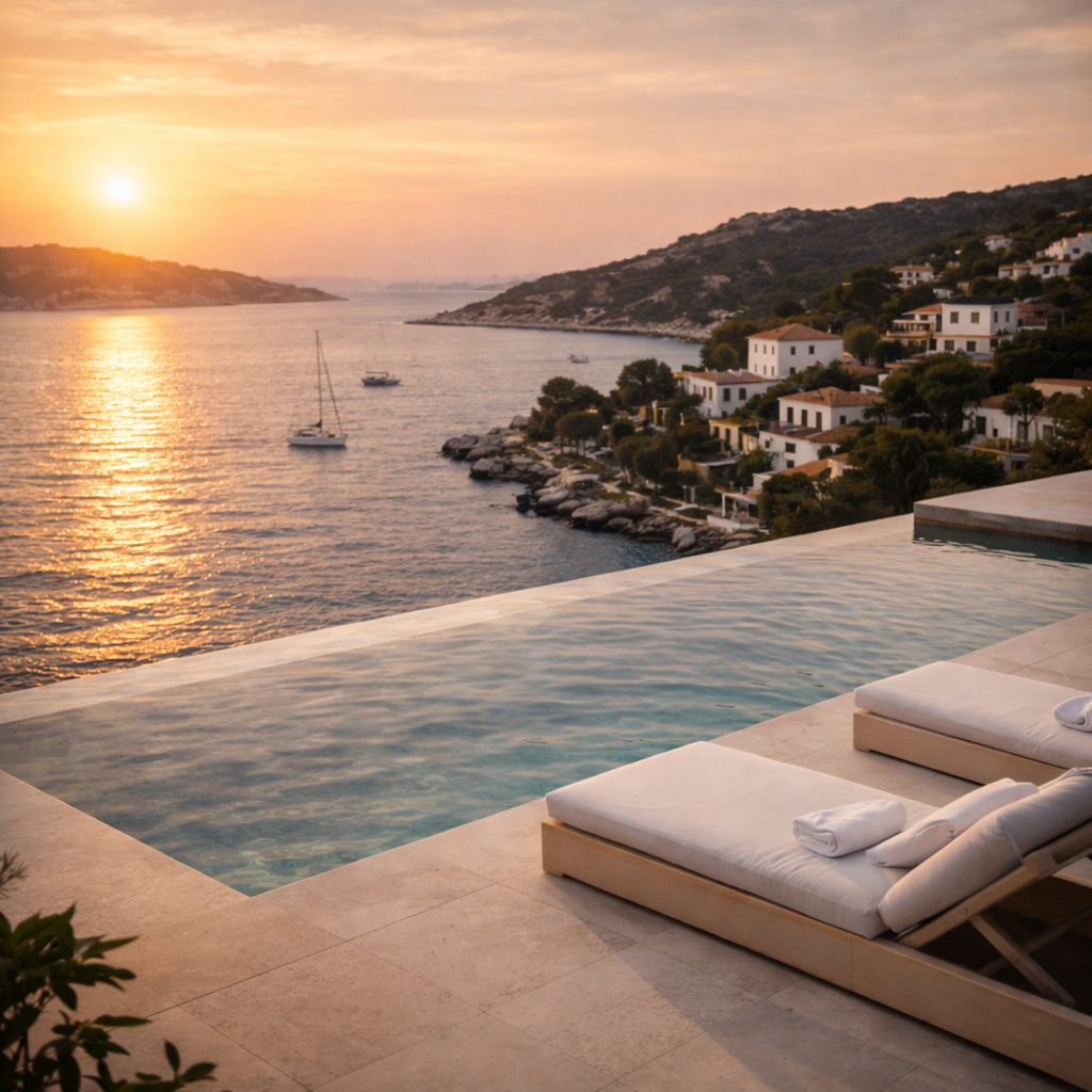 Coastal luxury villa overlooking sea at golden hour