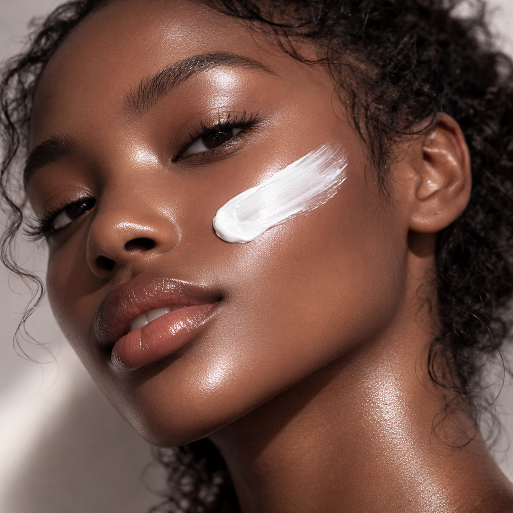 Glowing skin beauty portrait with skincare cream application