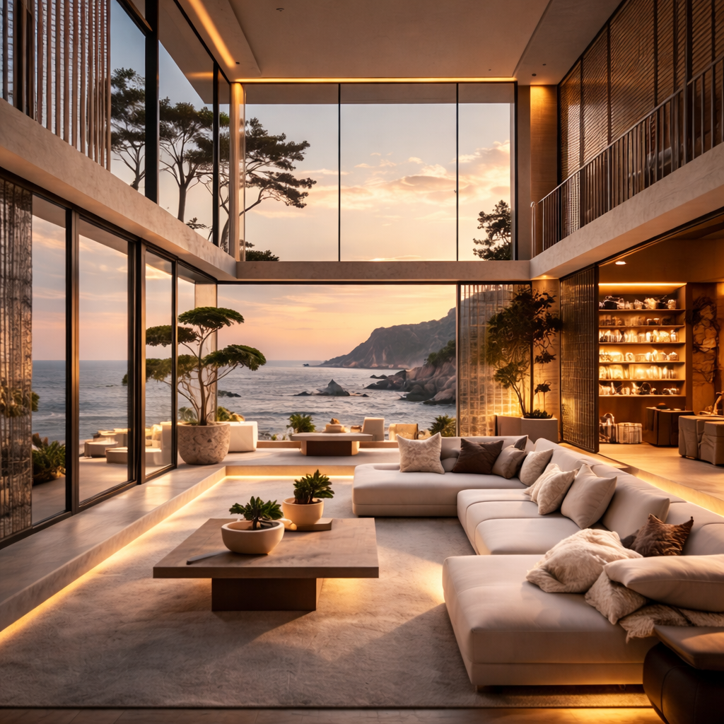 Modern luxury living room with panoramic sea view