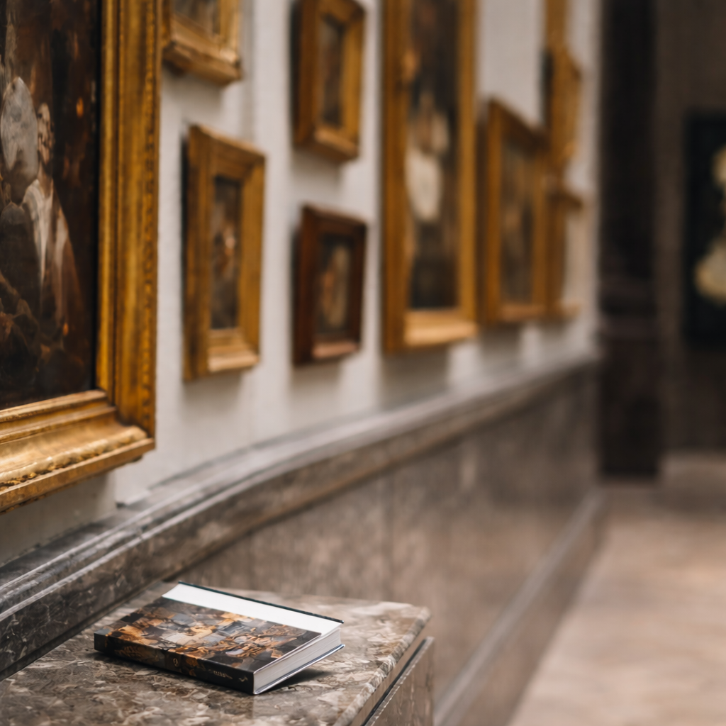 Art gallery interior with framed paintings and marble floor