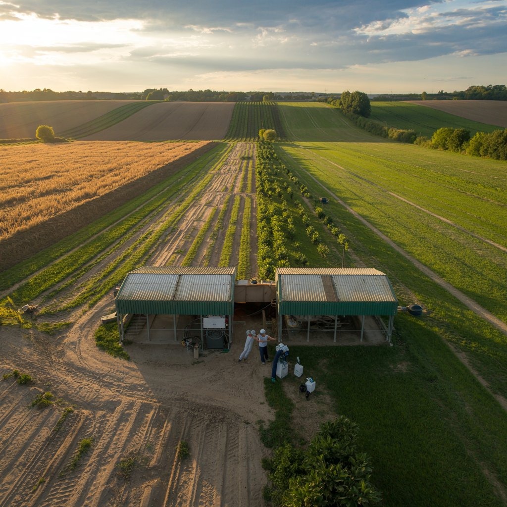a farm with a barn and a tractor