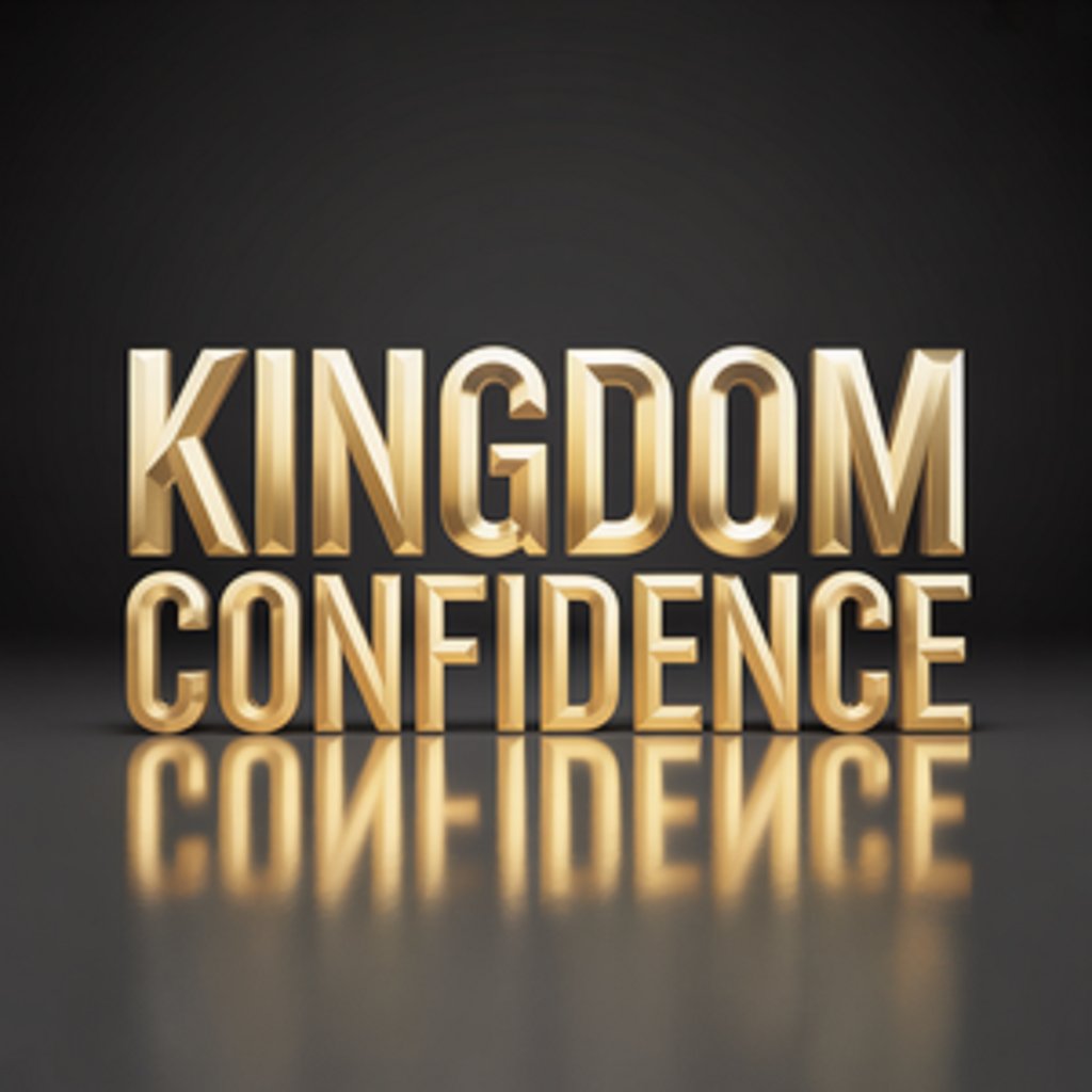 Bold 3D gold lettering spelling Kingdom Confidence with a metallic reflection on a black background.