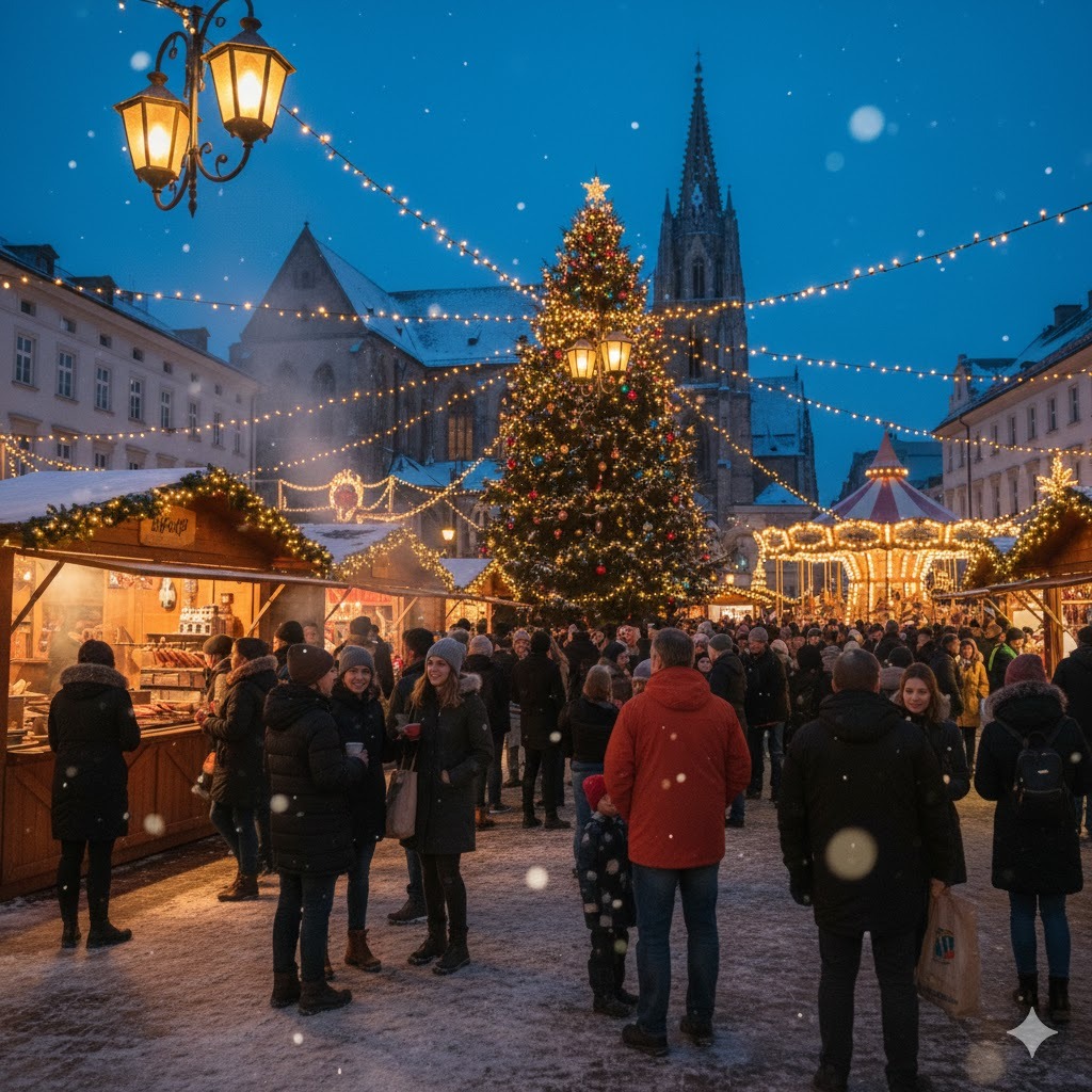 marché de noel de nuit avec des lumière