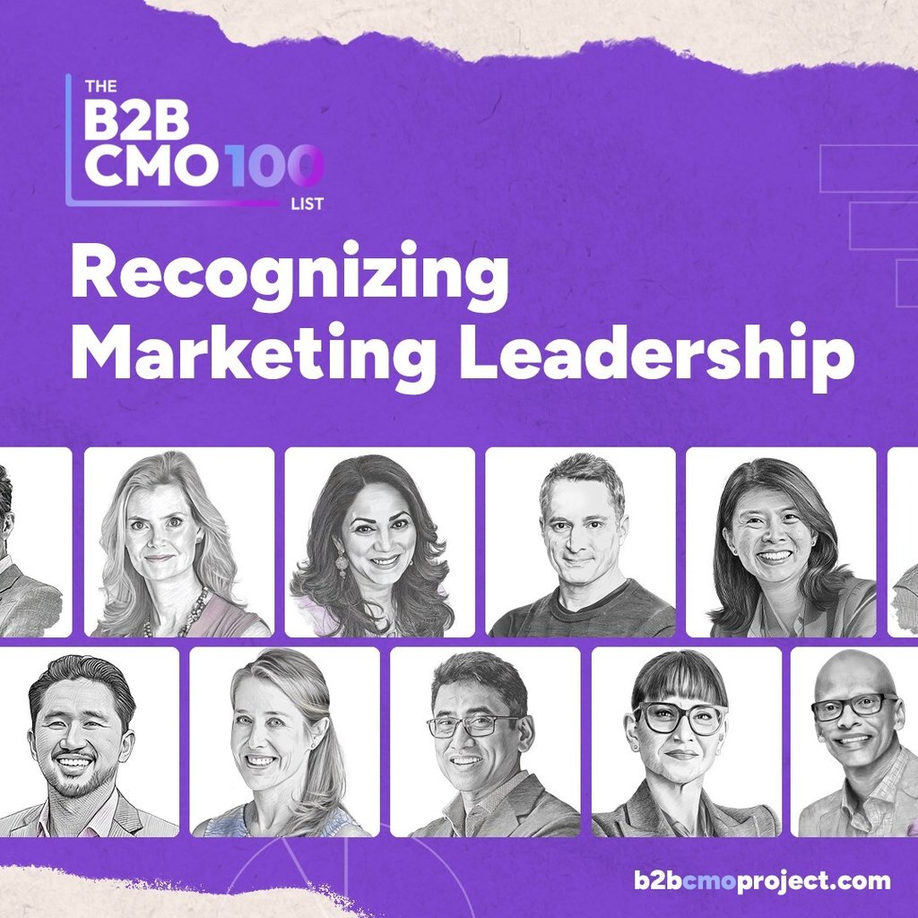 The B2B CMO 100 List banner recognizing marketing leadership with portraits of top industry executives.