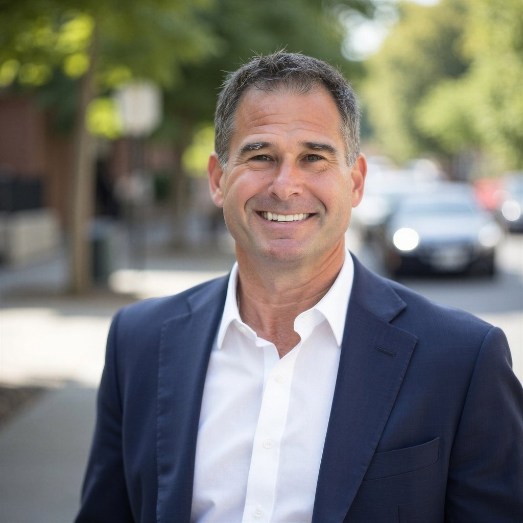 Professional portrait of a smiling middle-aged businessman in a navy blazer on a city street.