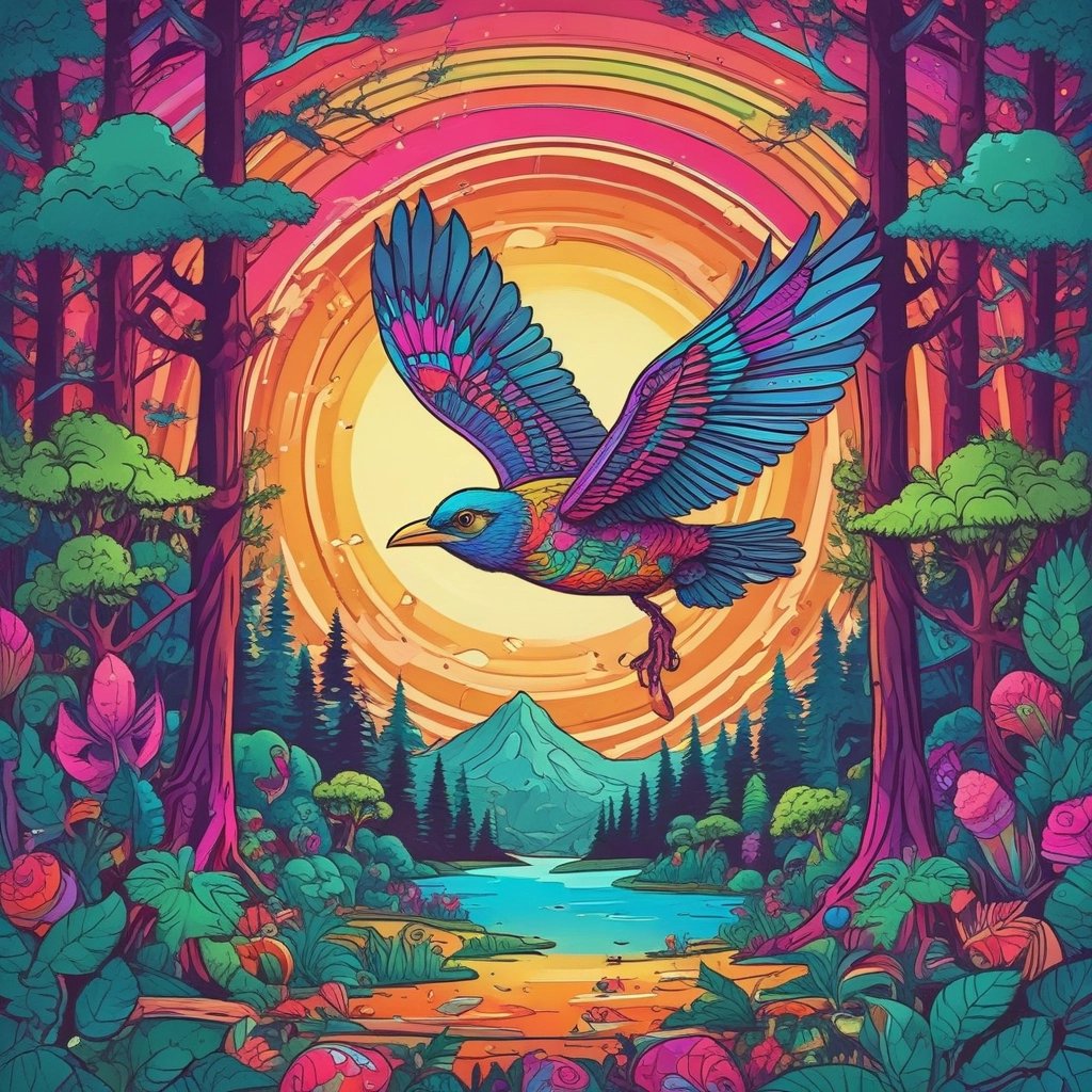 Vibrant psychedelic illustration of a colorful bird flying over a mountain lake in a surreal forest.