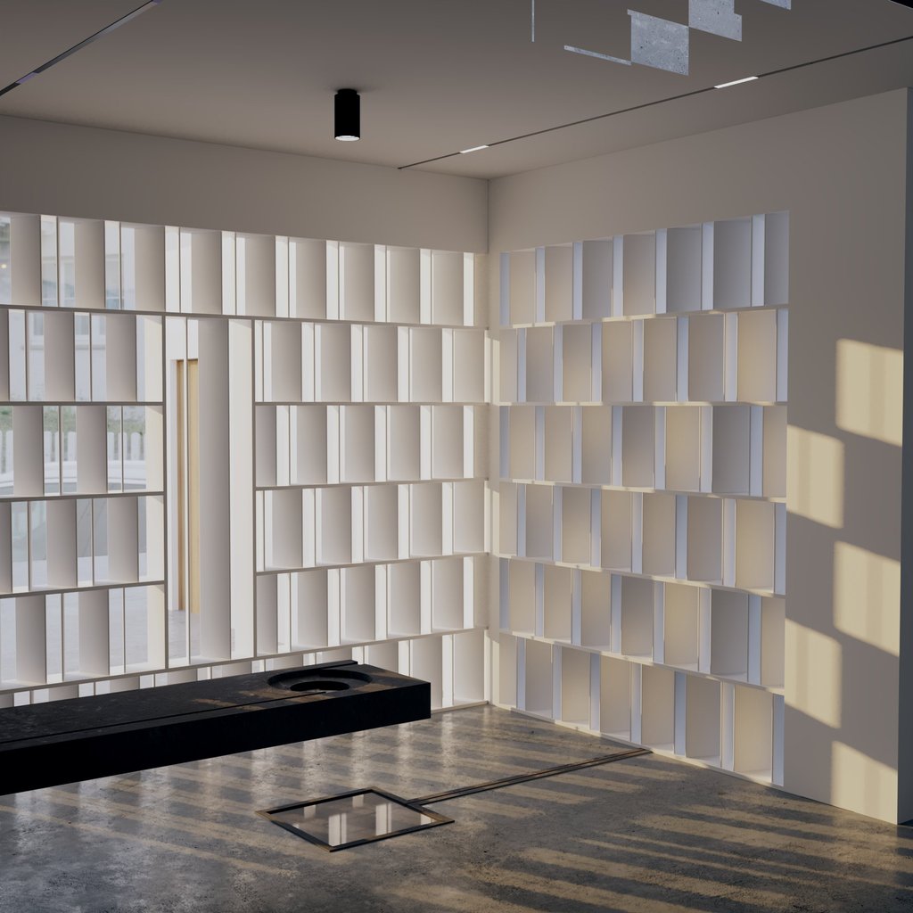 Modern feature wall with sculptural shelving design by Moori Interiors