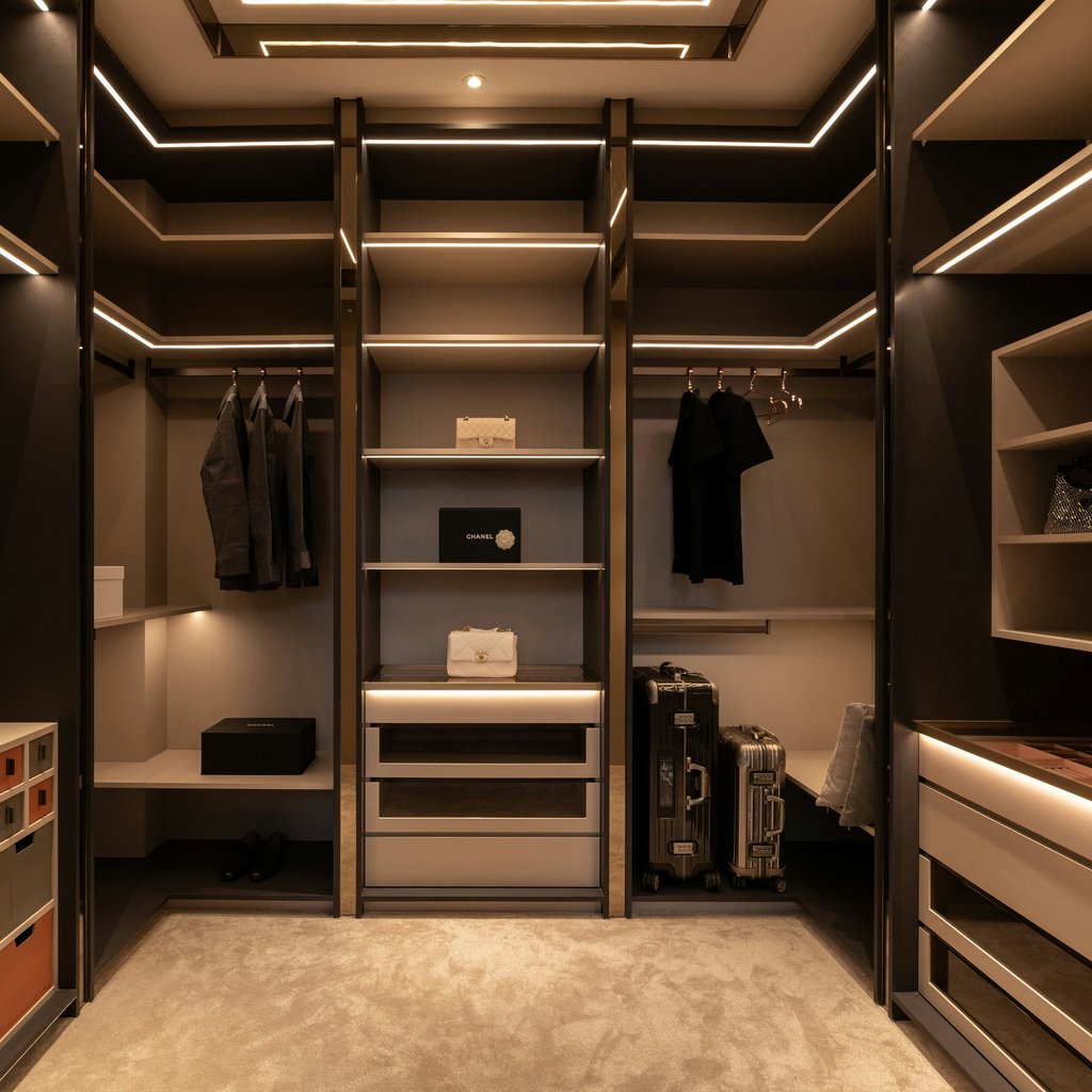 Luxury walk-in wardrobe with illuminated shelving and custom storage