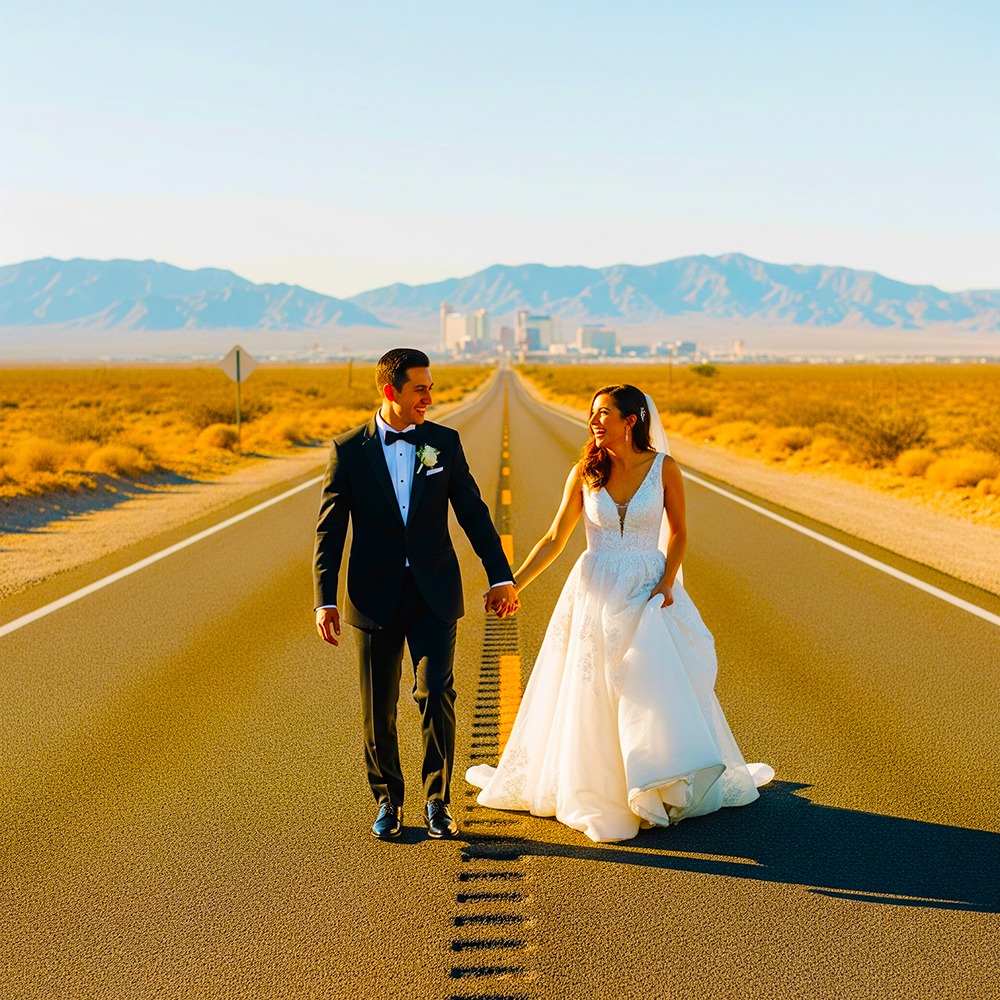 a bride and groom walking down a road