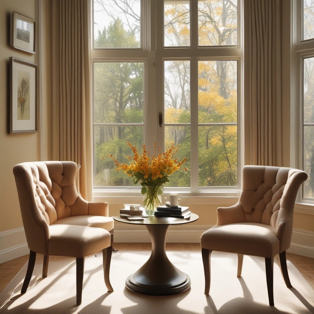 A warm, inviting therapy room with soft lighting and comfortable seating.