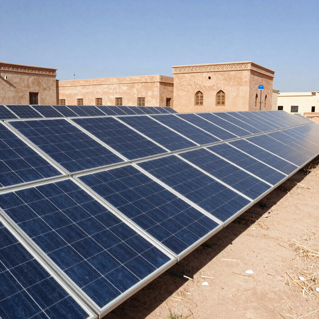 Solar panel installation on a sunny rooftop in Morocco with a technician adjusting the equipment.