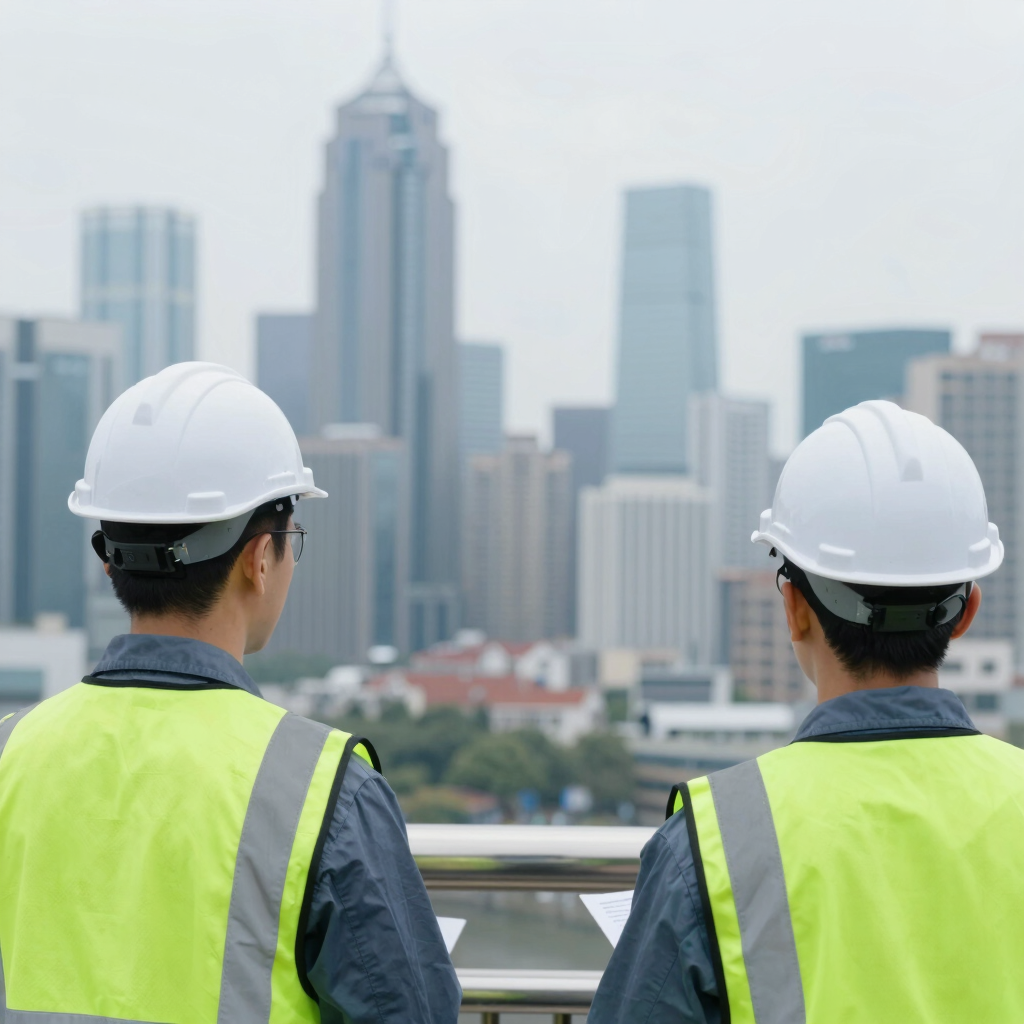 Two construction engineers wearing white hard hats and safety vests look over a city skyline.