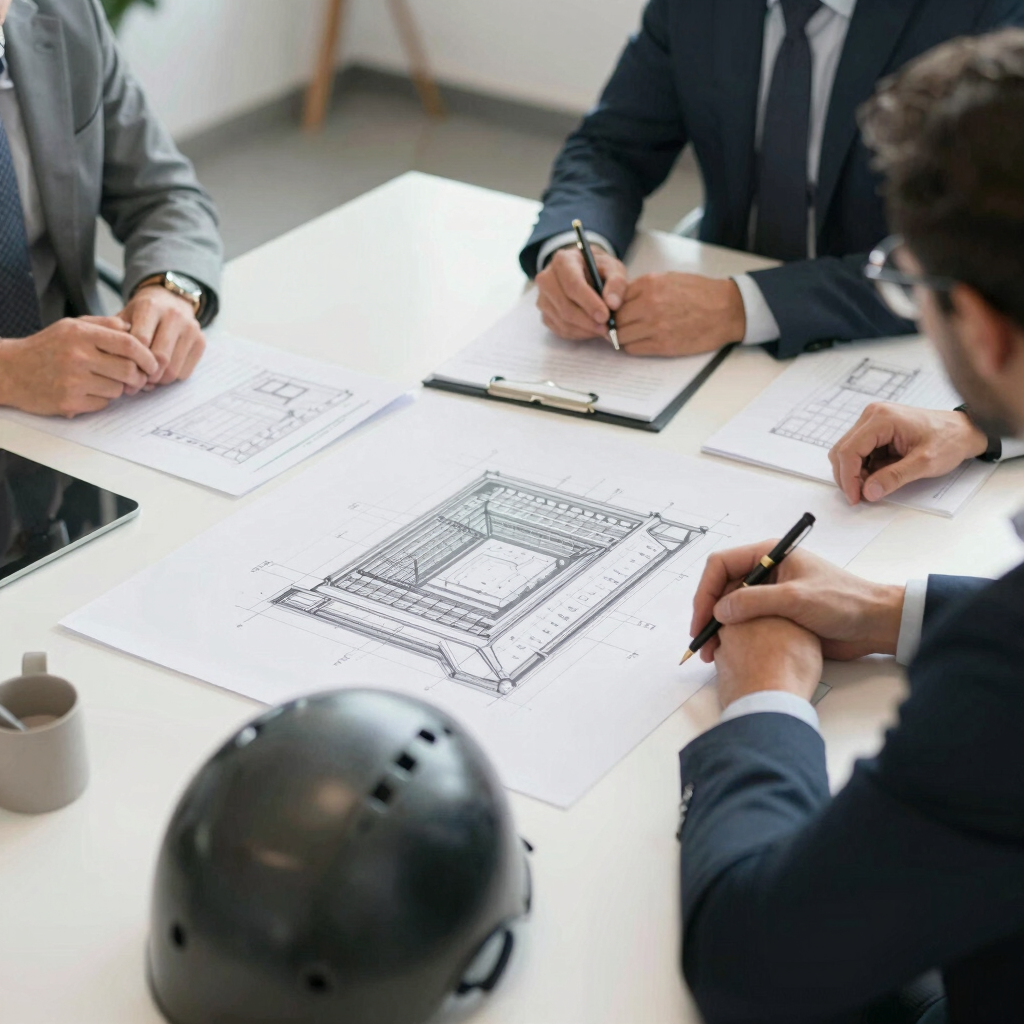 Architects in business suits review detailed construction blueprints and building plans on an office table.