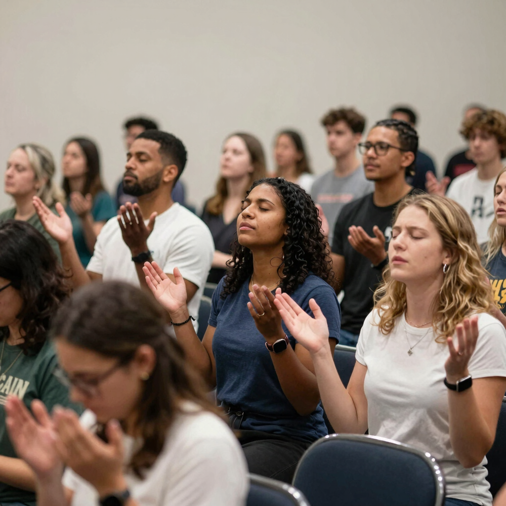 A warm gathering of diverse women and children sharing a moment of prayer and fellowship in a sunlit community room.