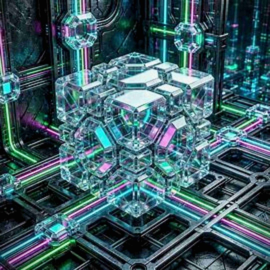 An abstract crystalline mainframe node shaped like a complex, multi-layered geometric cube.