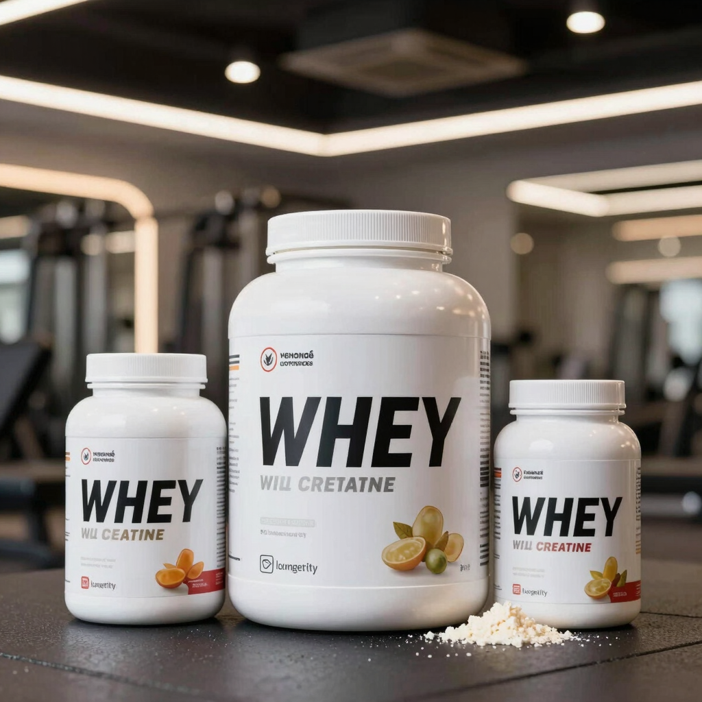 A close-up of supplement bottles and protein powders arranged on a wooden table.