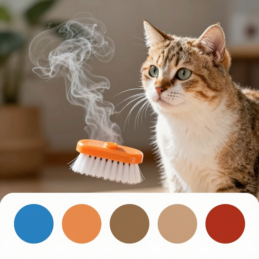Un gato mira un cepillo naranja para mascotas flotante con vapor sobre él.
