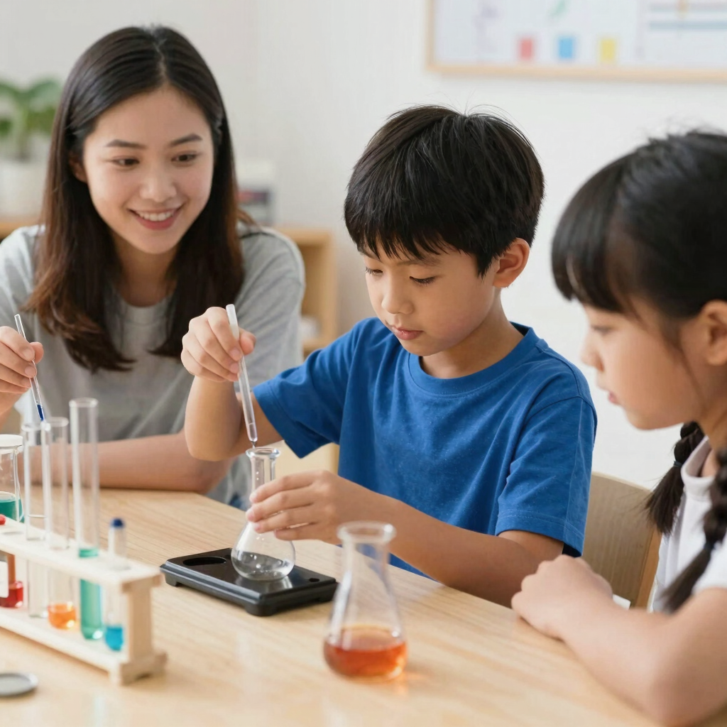 A teacher watching young students conduct a science experiment with test tubes and beakers.