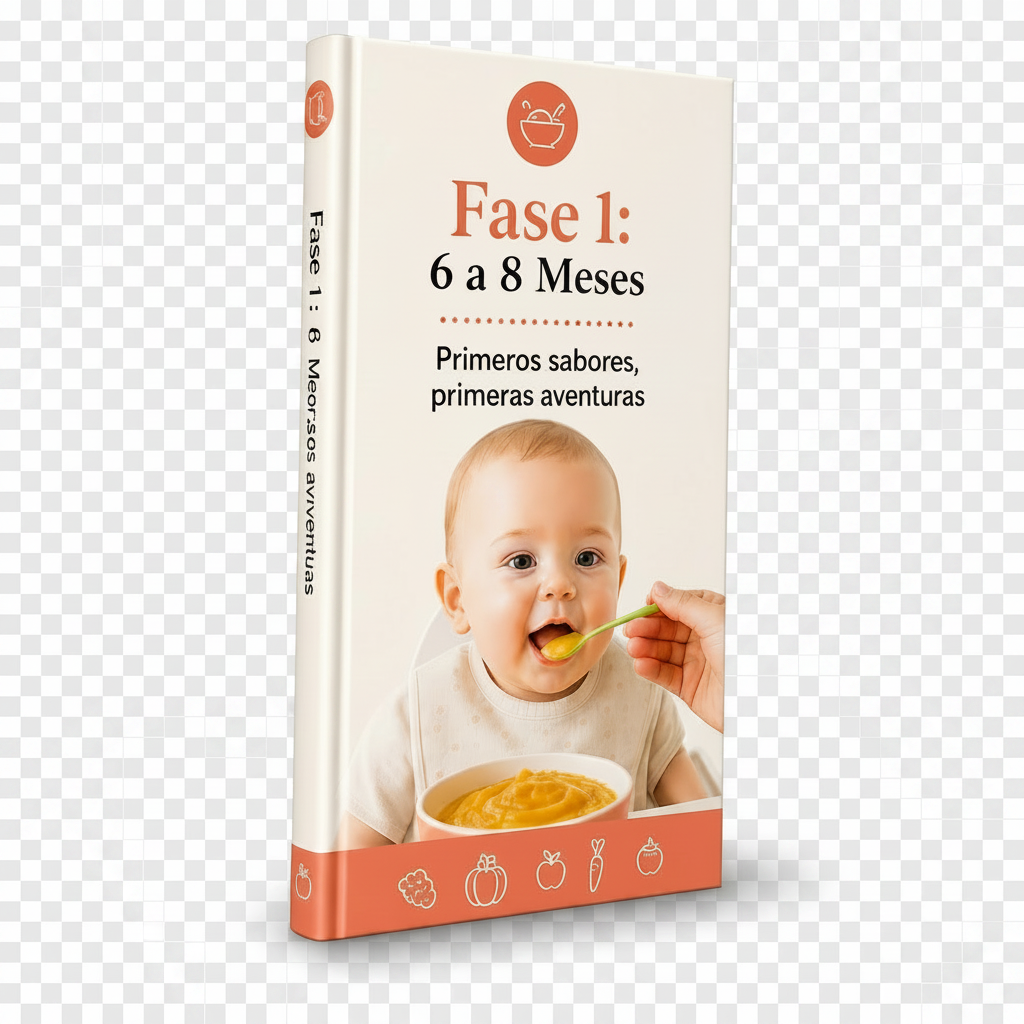 Baby food guide book for infants 6 to 8 months old showing a baby eating vegetable puree.