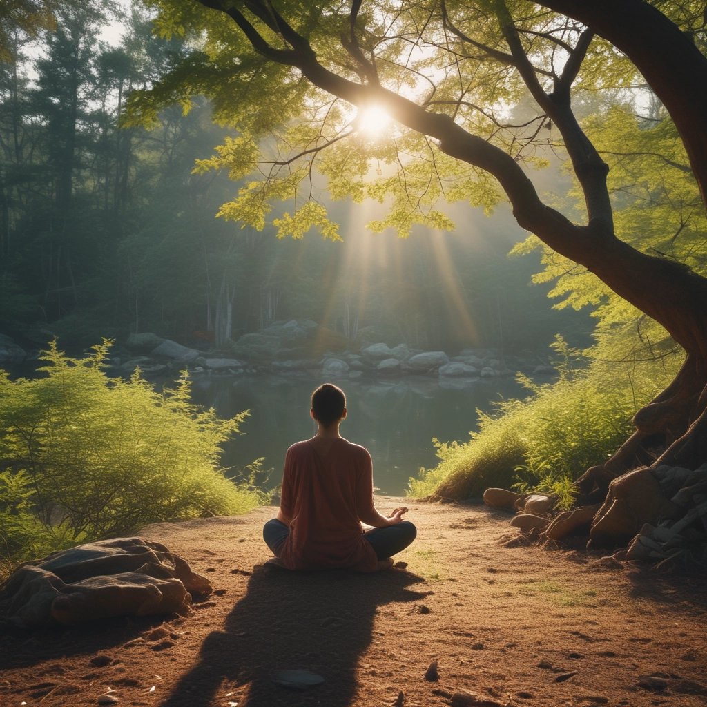 A tranquil scene of a person meditating in nature.