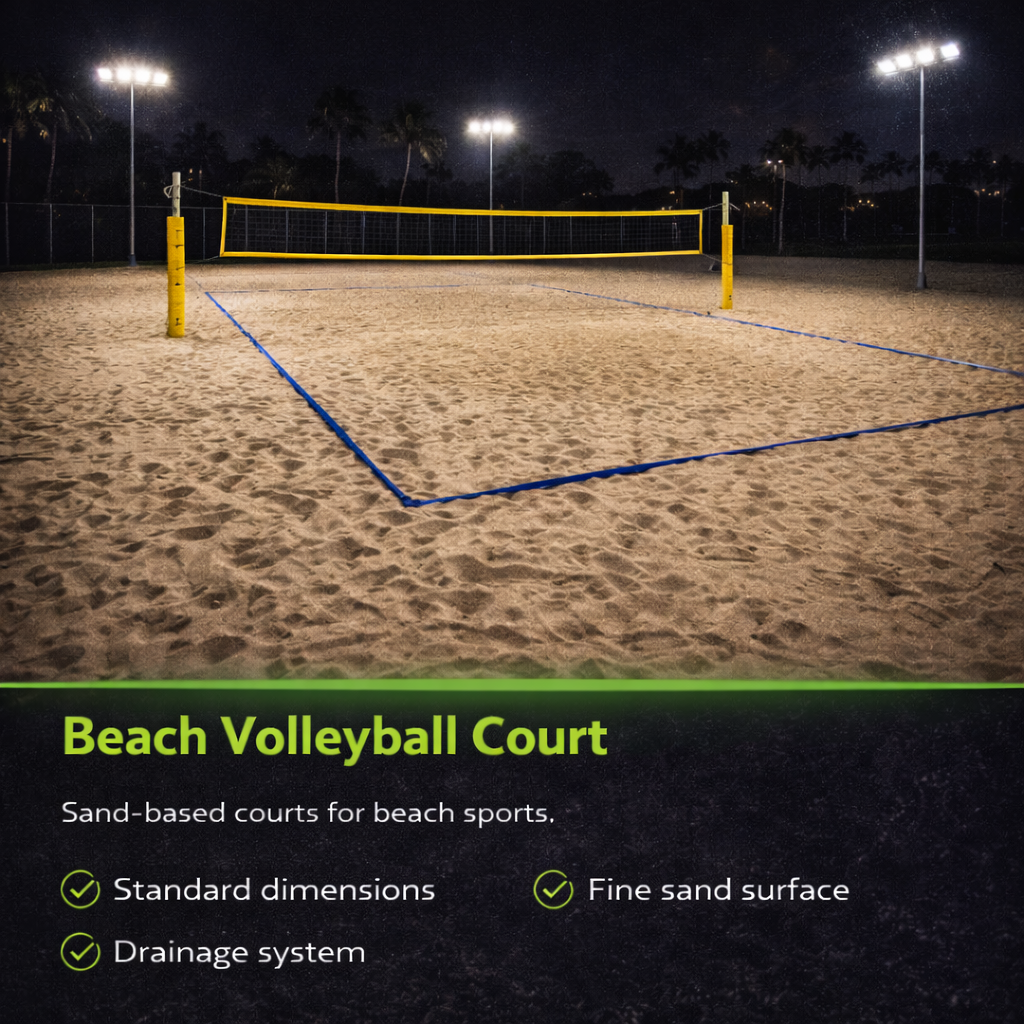 Professional outdoor beach volleyball court with fine sand and stadium lighting at night.