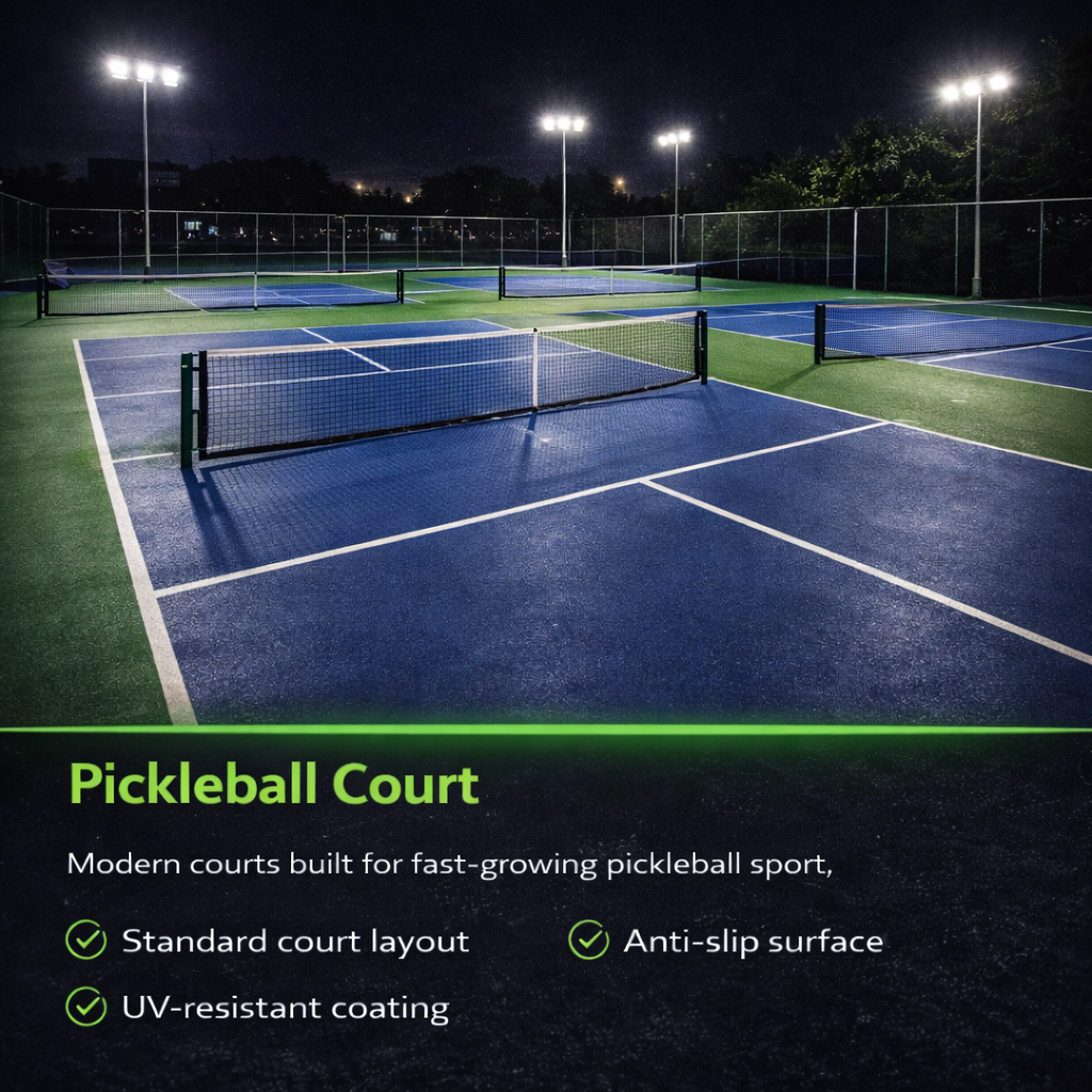 Professional pickleball court with USAPA-standard court markings and aluminium net post — Raw Sports