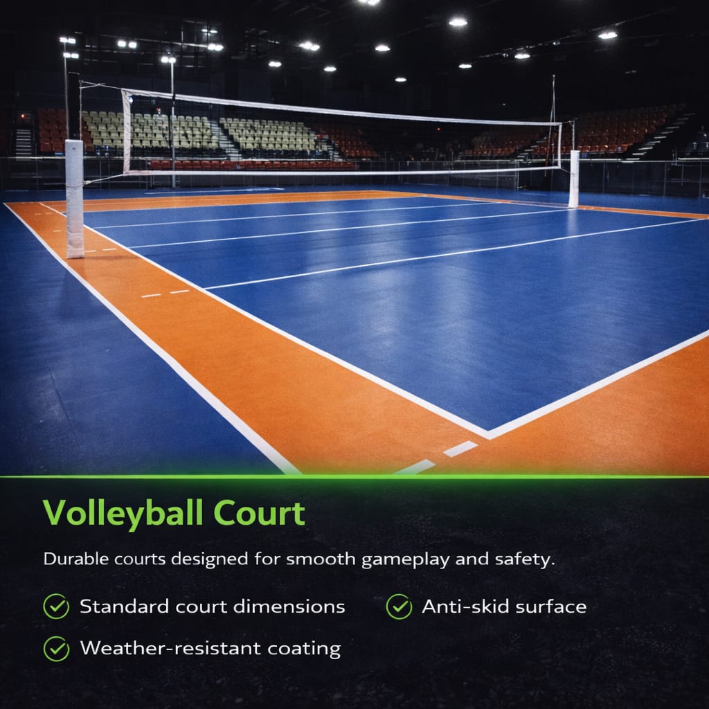 Professional indoor volleyball court with durable anti-skid blue and orange flooring.