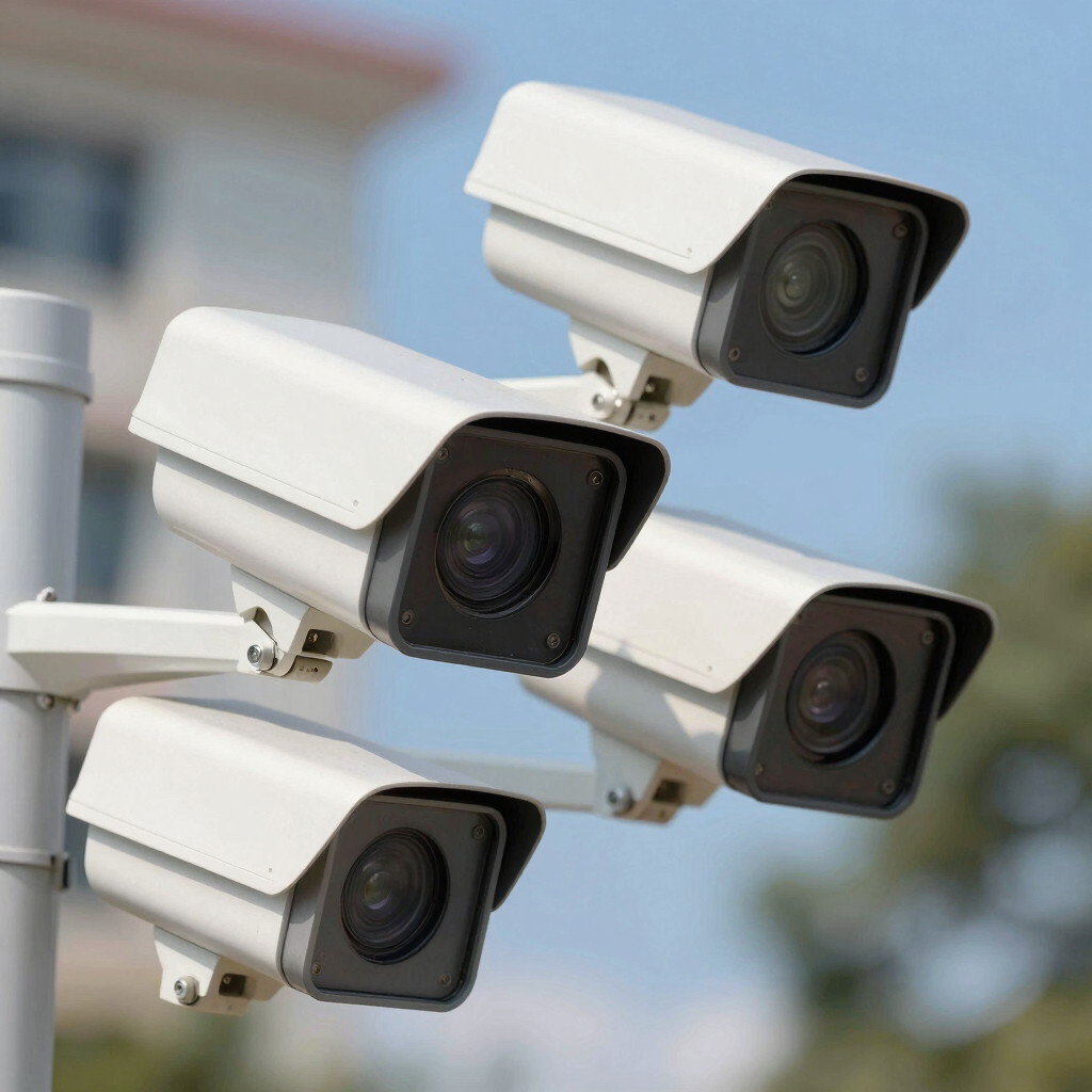 Close-up of a modern CCTV camera mounted on a building corner.