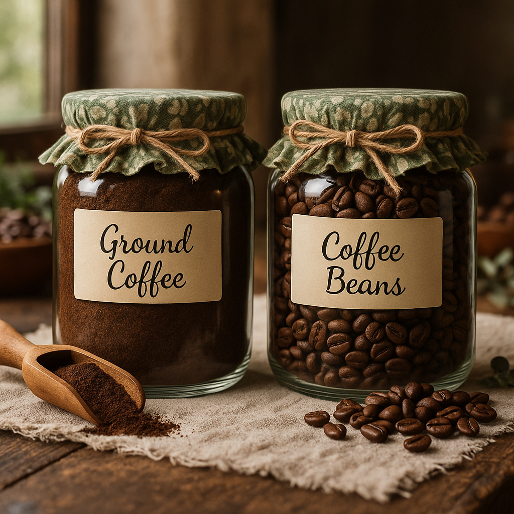 Rustic glass jars filled with ground coffee and dark roasted coffee beans on a wooden table.