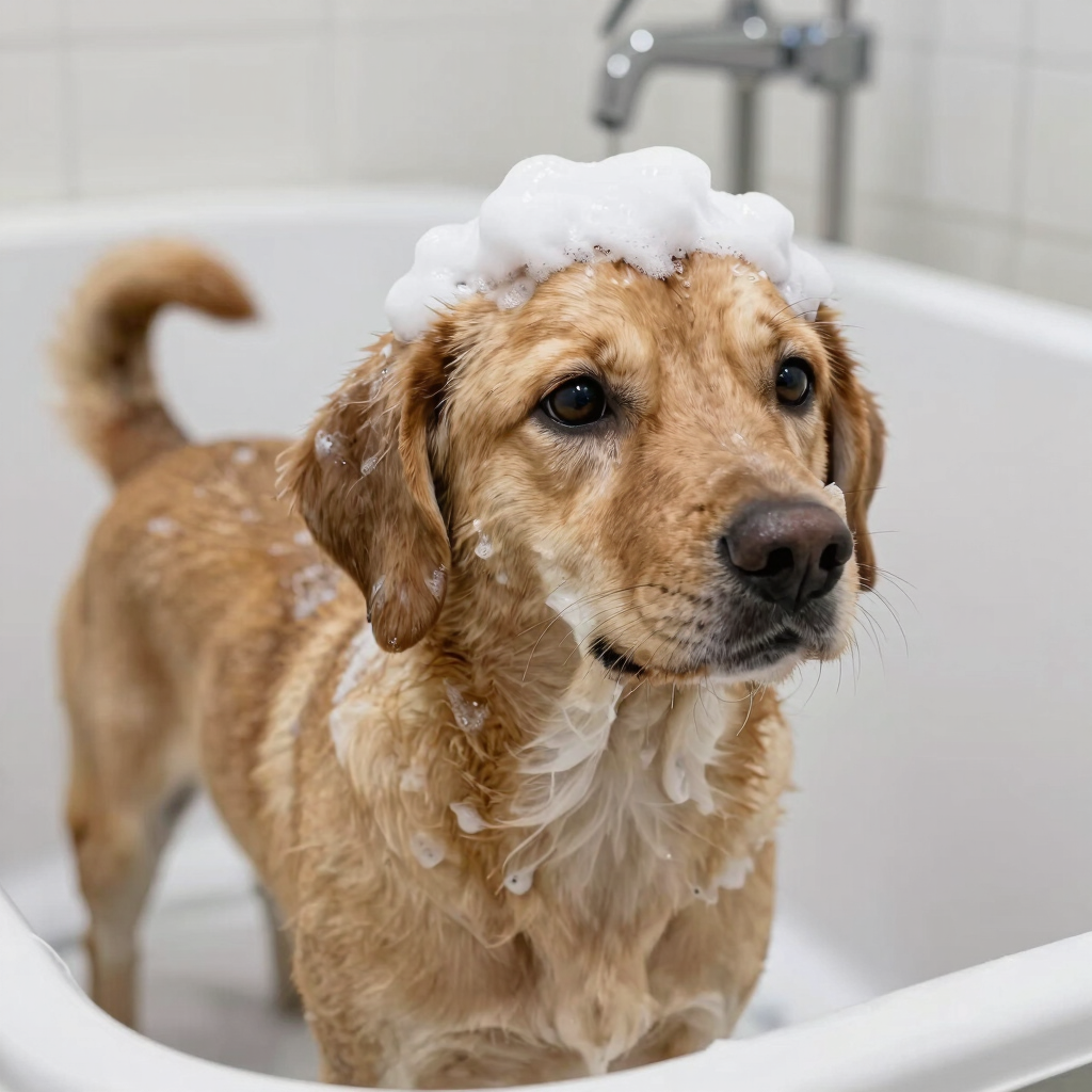 A happy terrier getting a gentle bath inside a mobile grooming van.