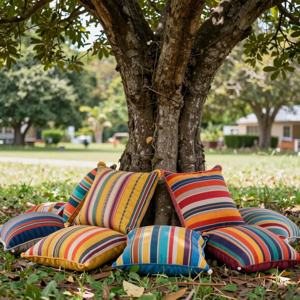 A collection of decorative linen cushions arranged on a wooden bench.