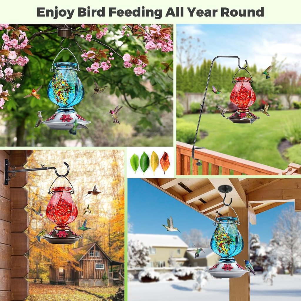 Hand-blown glass hummingbird feeders hanging outdoors in various garden settings across all four seasons.