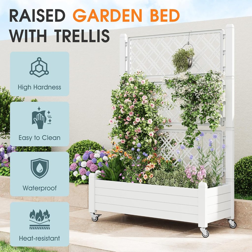 White raised garden bed with trellis on wheels featuring climbing flowers and roses for outdoor decor.