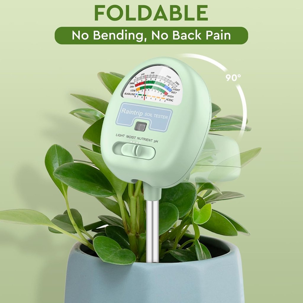 Foldable Raintrip soil tester measuring moisture, light, nutrient, and pH levels in a potted plant.