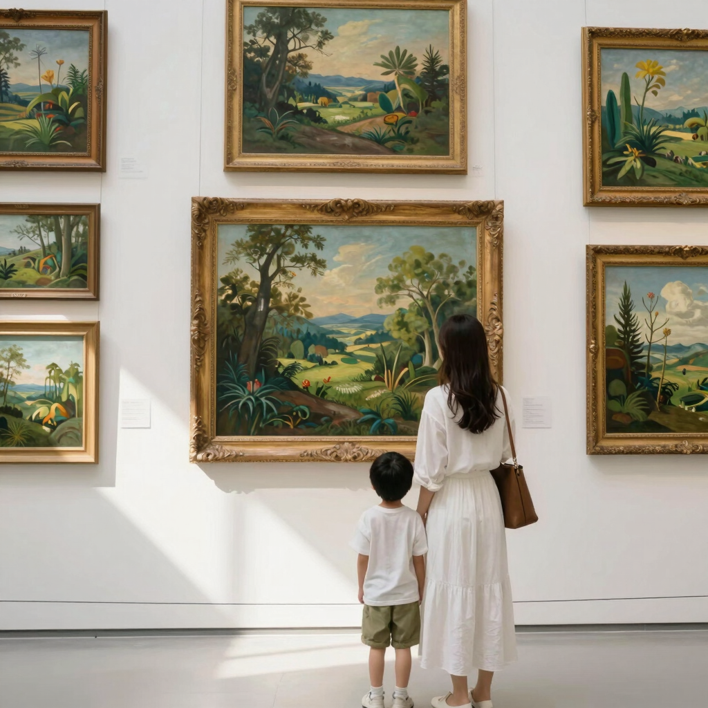 A serene gallery space bathed in soft natural light, showcasing diverse artworks from around the world on pristine white walls.