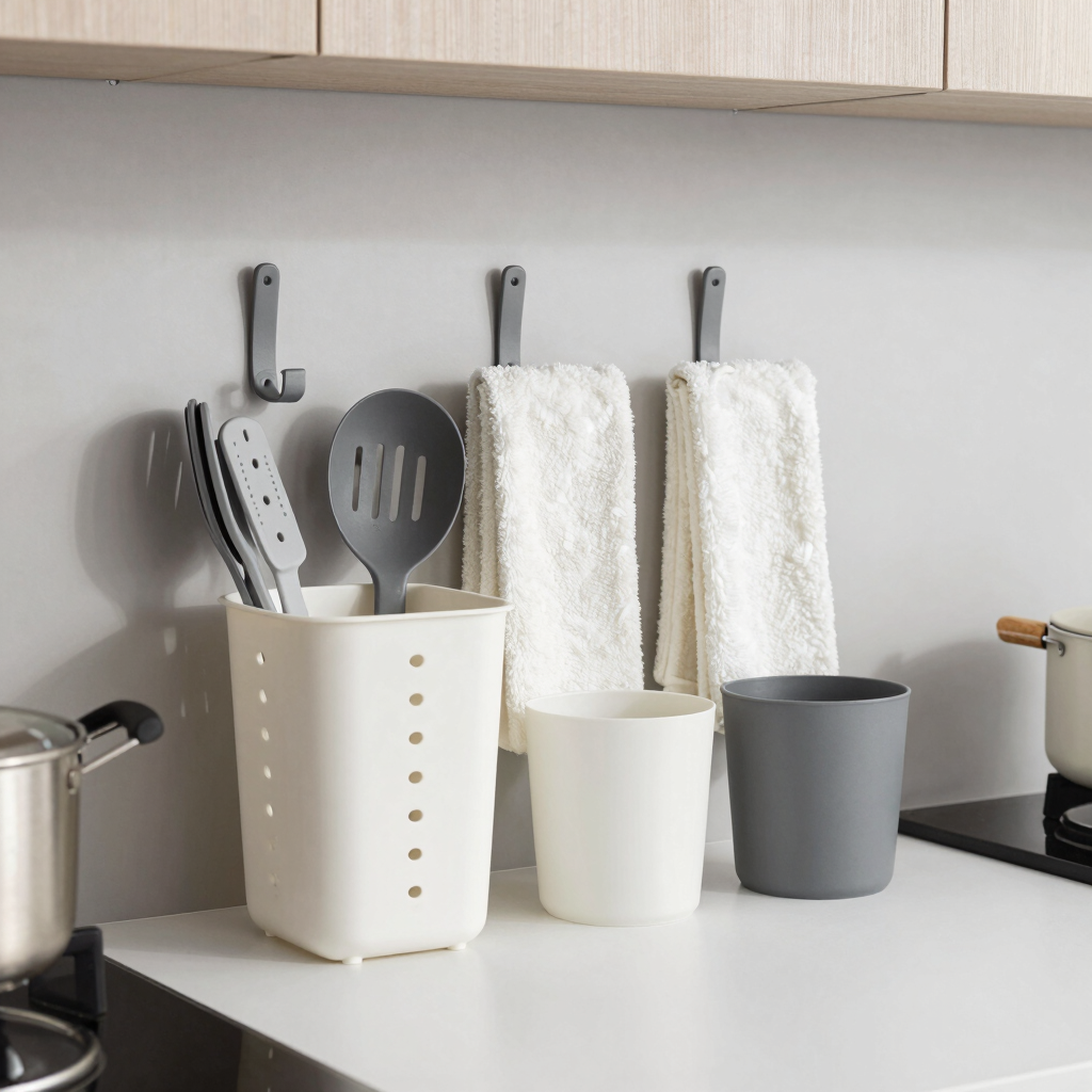 Colorful kitchen utensils arranged neatly on a wooden countertop with natural light