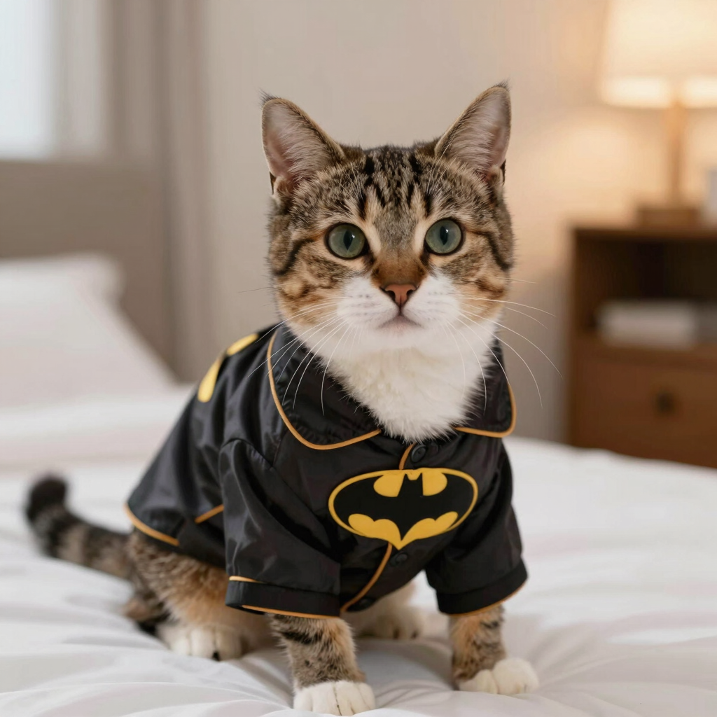 gato luciendo pijama de batman