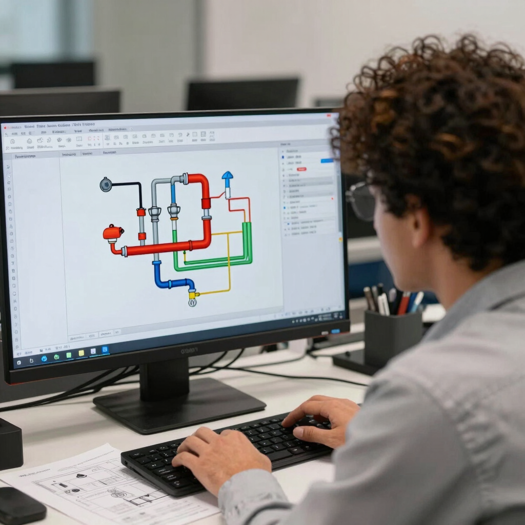 Engineer reviewing fire protection system blueprints in a modern office.