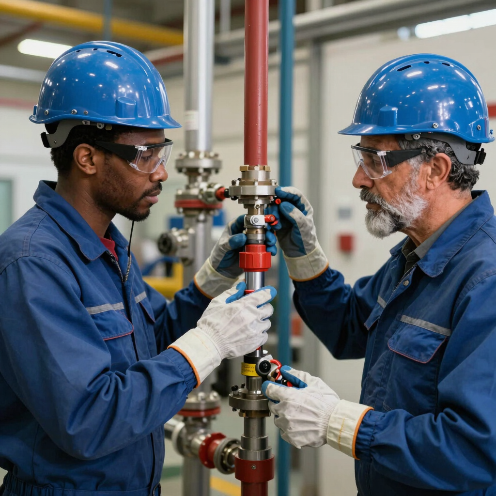 Engineer in a blue hard hat inspecting pressure gauges on red industrial piping system.